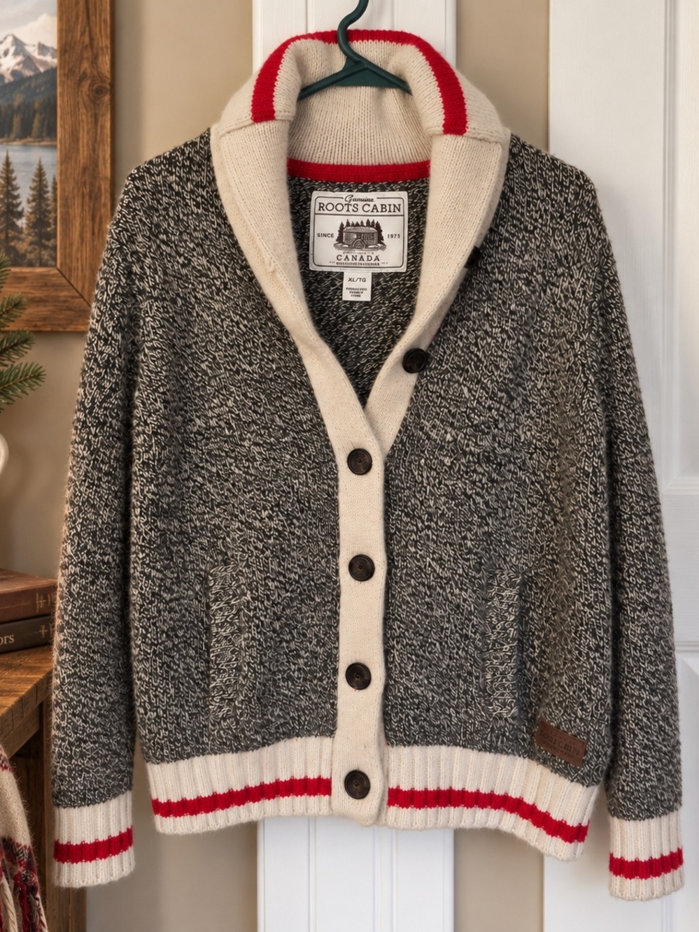 Roots Cabin Wool Blend Shawl Collar Cardigan Sweater XL Heritage